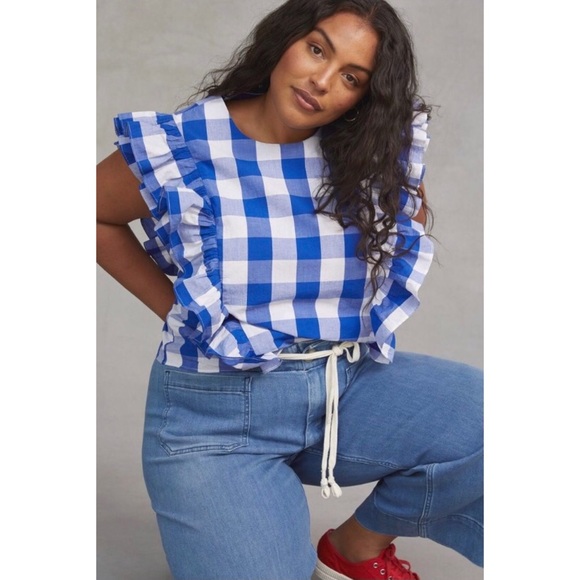 NWT ANTHROPOLOGIE WHIT TWO CASCADE RUFFLED BLOUSE IN BLUE - Picture 2 of 9